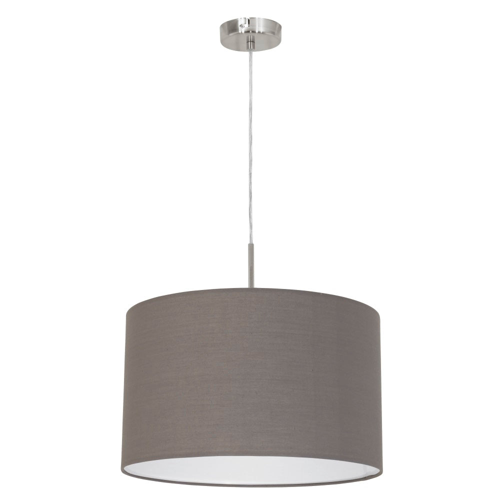 Suspension vue de face sur fond blanc, abat-jour cylindrique en tissu gris anthracite.
