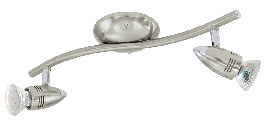Vue de face du luminaire nickel satiné avec sa barre cintrée et deux spots orientables
