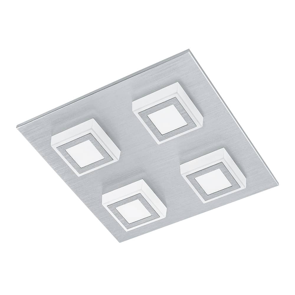 Vue de face du plafonnier carré en aluminium brossé avec quatre spots blancs