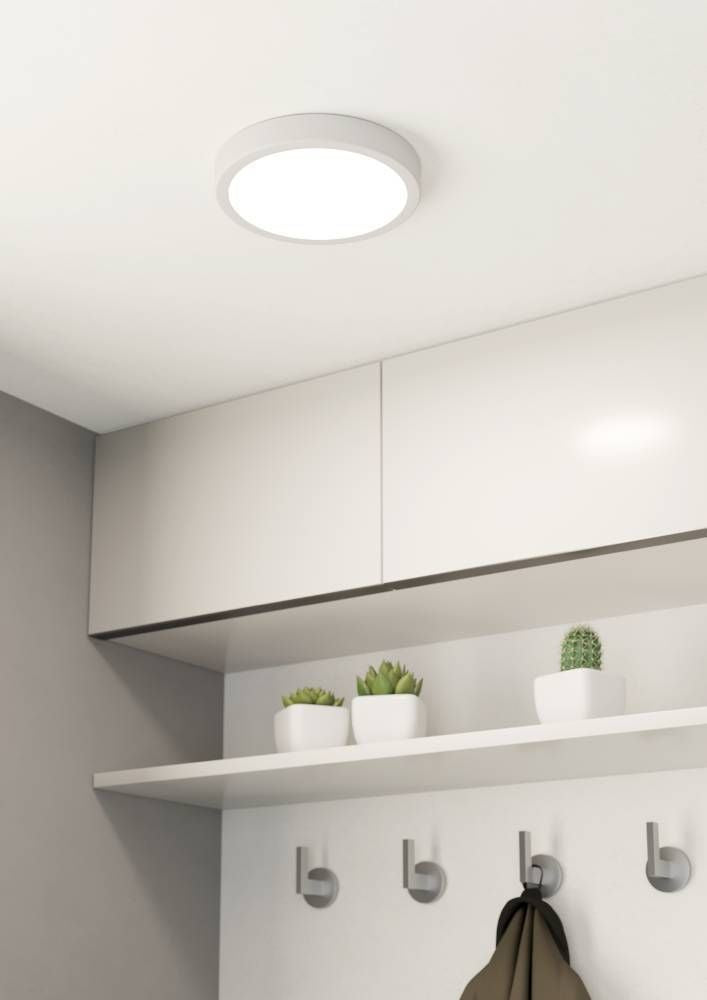 Plafonnier allumé au plafond d'une entrée blanche avec étagère et cactus
