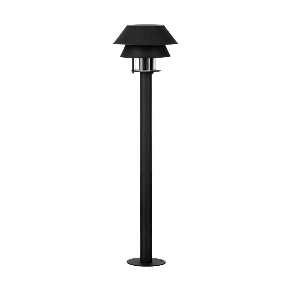 Lampadaire extérieur noir à pied cylindrique et double abat-jour, vue de face sur fond blanc.
