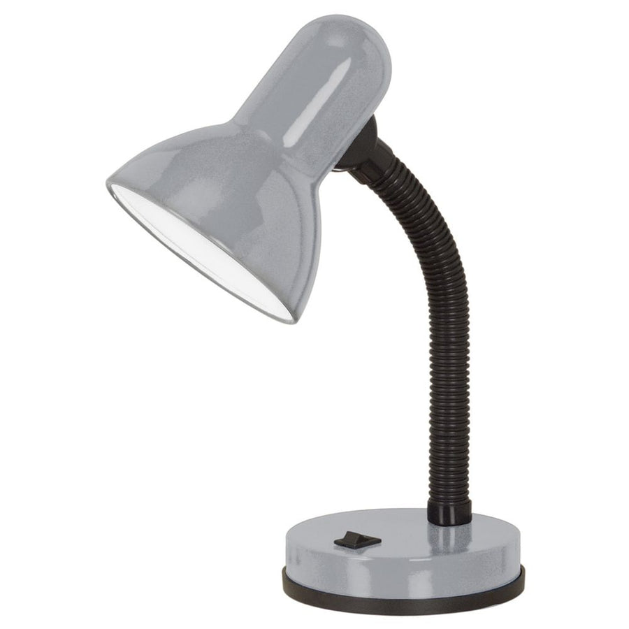 Lampe à poser argentée avec col de cygne noir, vue de trois quarts sur fond blanc