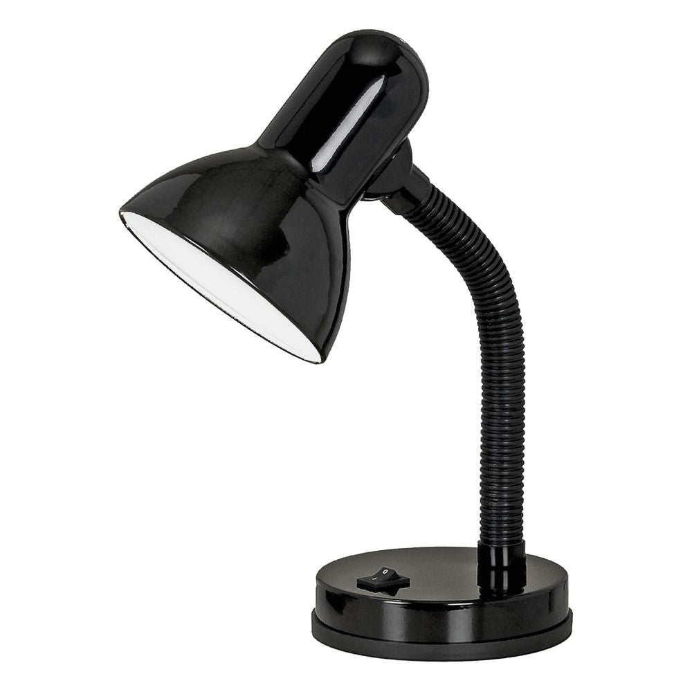 Lampe à poser noire brillante avec col de cygne flexible et abat-jour conique, fond blanc.