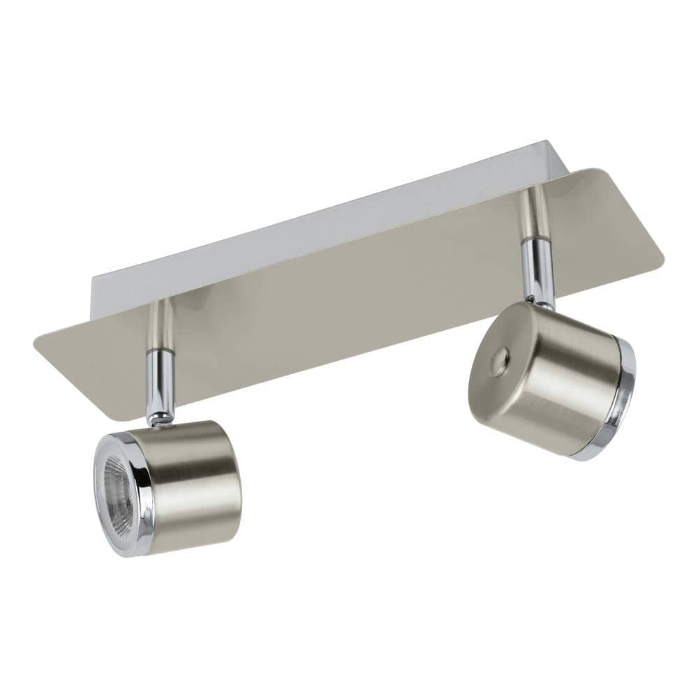 Spot double en nickel satiné, deux têtes cylindriques orientables sur embase rectangulaire.