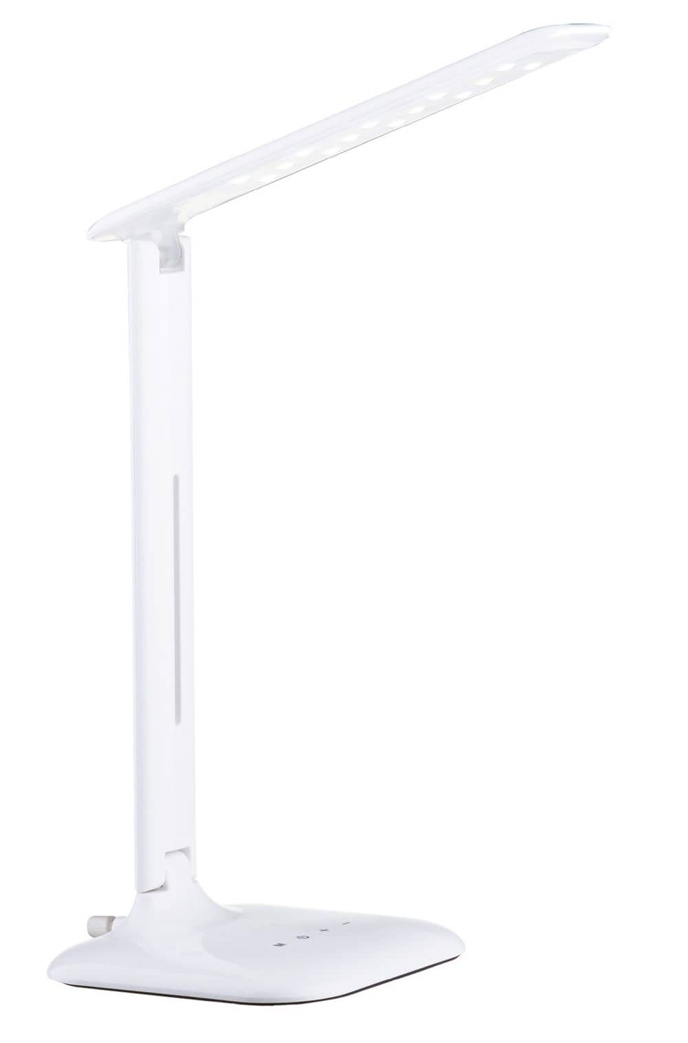 Profil latéral de la lampe blanche, mât vertical étroit et socle plat, éclairage éteint.