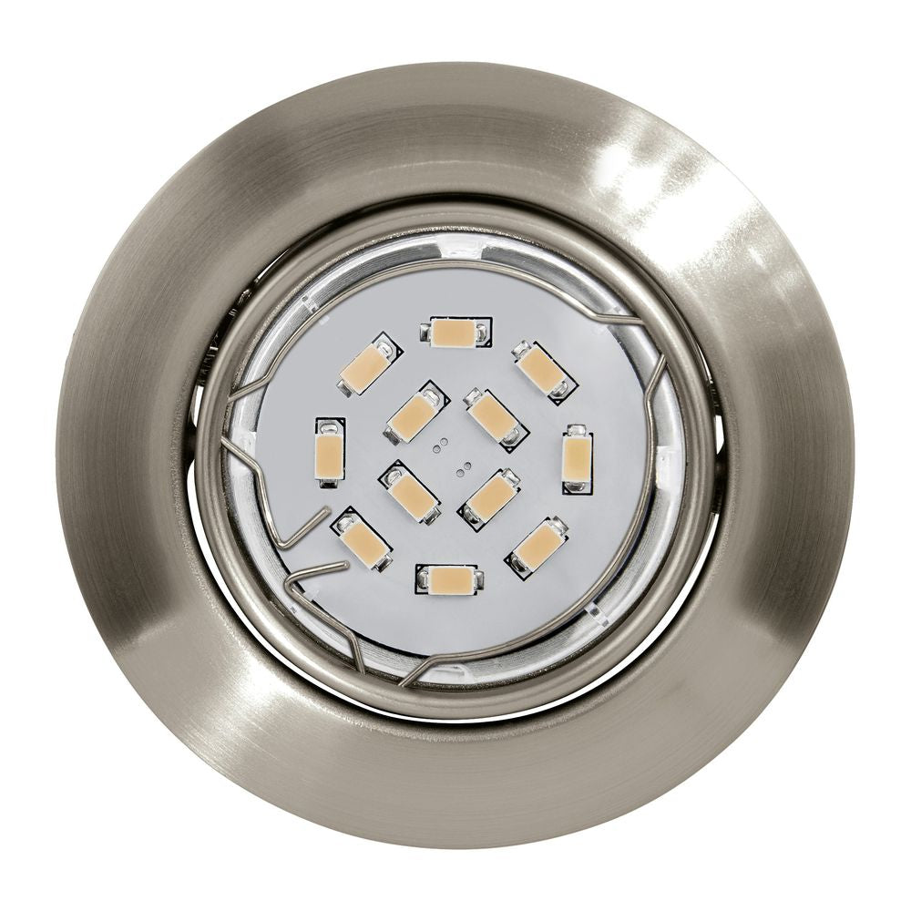 Vue de face du spot rond avec sa couronne en nickel satiné et ses LED