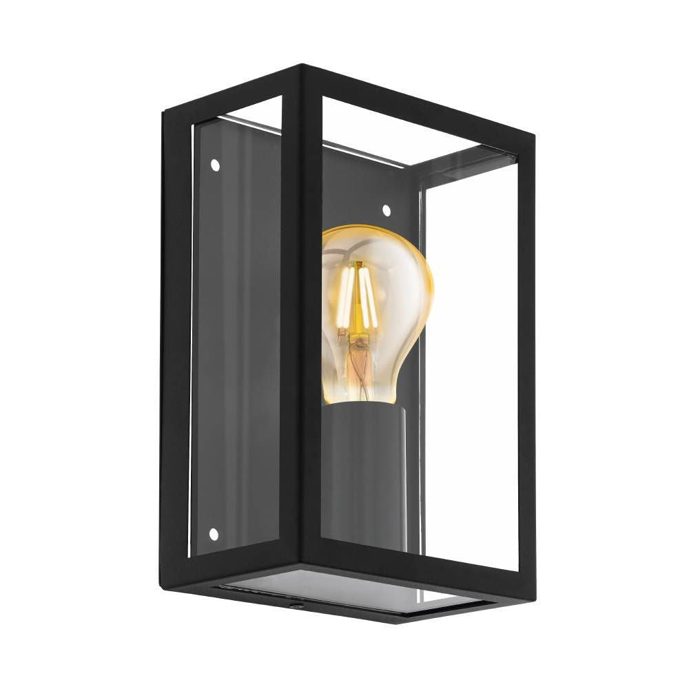 Applique noire rectangulaire en métal et verre transparent, ampoule visible, vue de trois quarts sur fond blanc