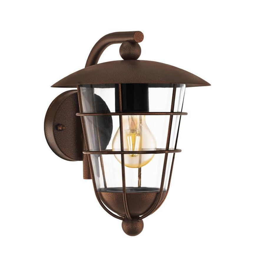Applique murale marron avec cage métallique, verre transparent et ampoule visible de face