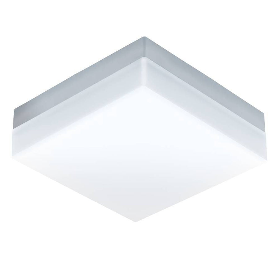 Vue de dessous du plafonnier carré blanc, diffuseur opale et bordure fine grise