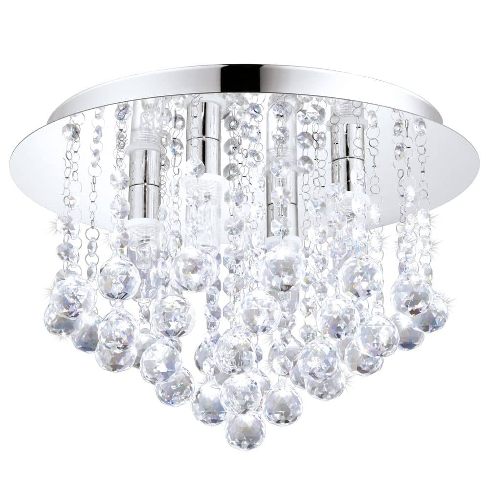 Plafonnier rond chromé vu de face avec cascade de cristaux taillés suspendus