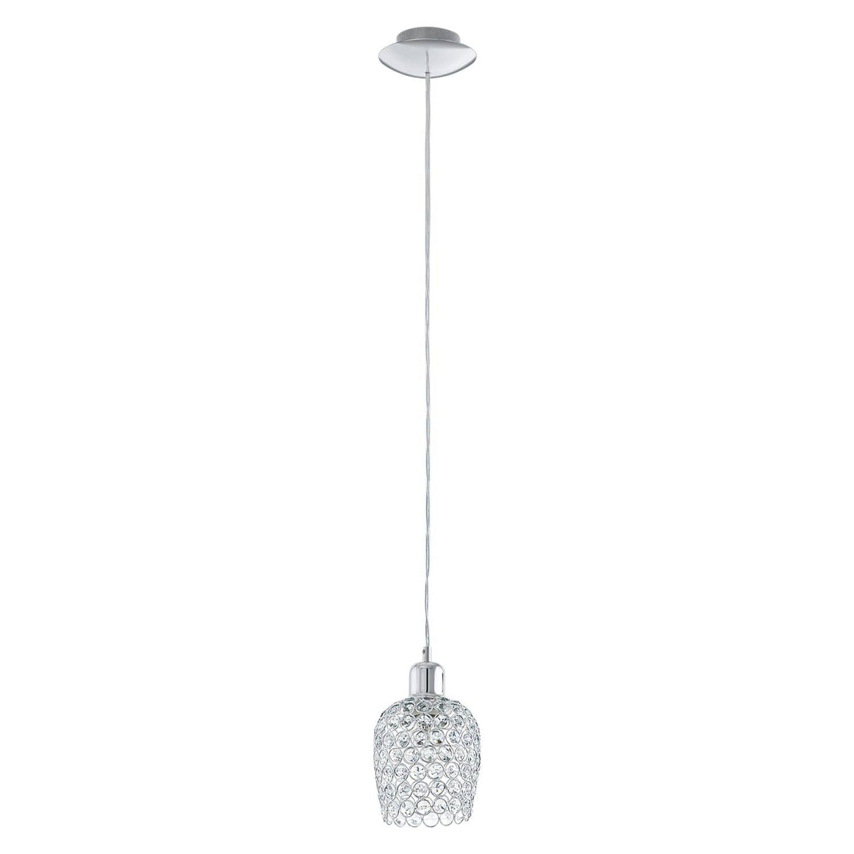 Suspension chromée de face sur fond blanc, abat-jour cylindrique en cristal