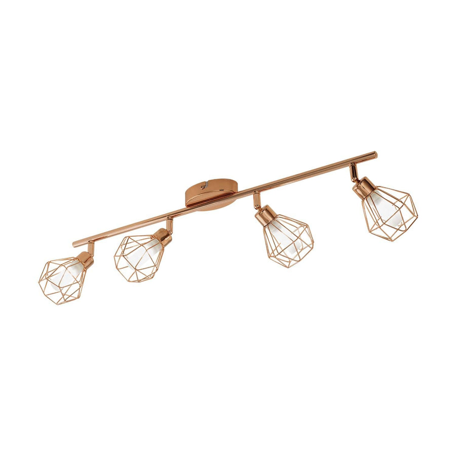Luminaire quatre spots cuivrés à cages filaires géométriques, vue de face sur fond blanc