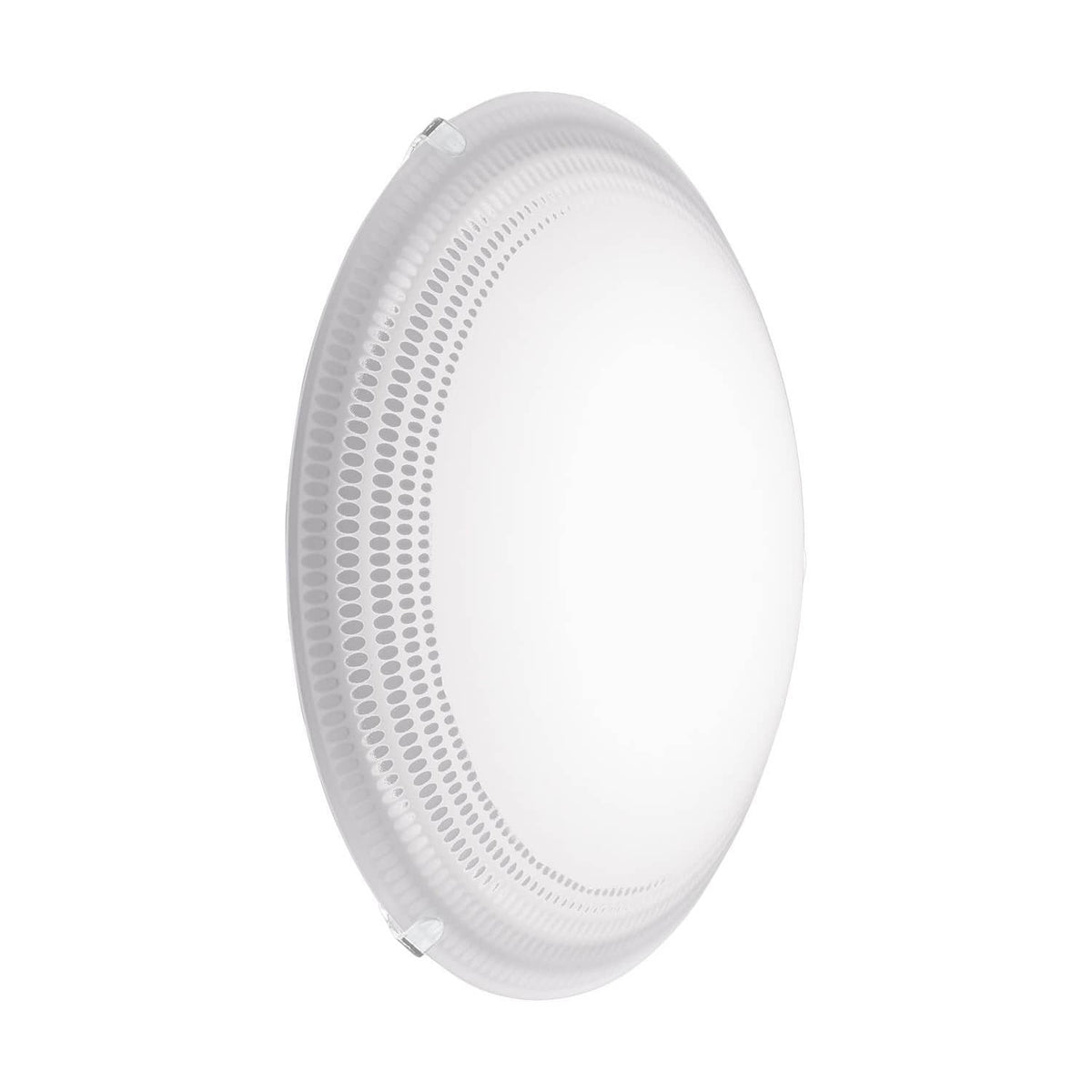 Vue de profil du diffuseur rond en verre translucide, bord perforé de motifs ovales