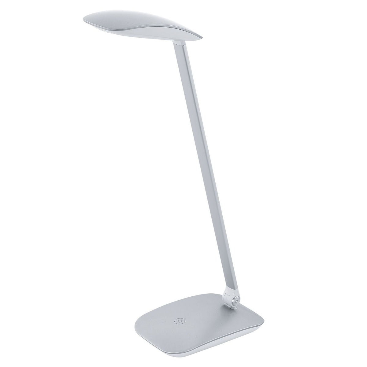 Lampe de bureau argentée vue de face, tête plate en forme de feuille