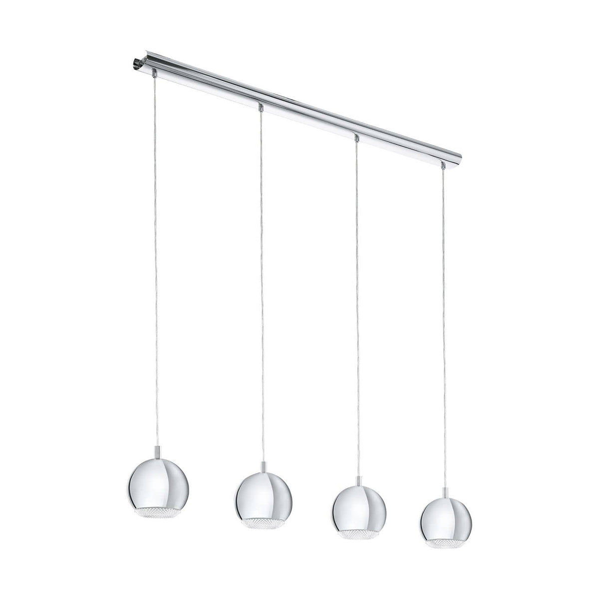 Suspension chromée vue de trois quarts, quatre globes sphériques alignés sous un rail