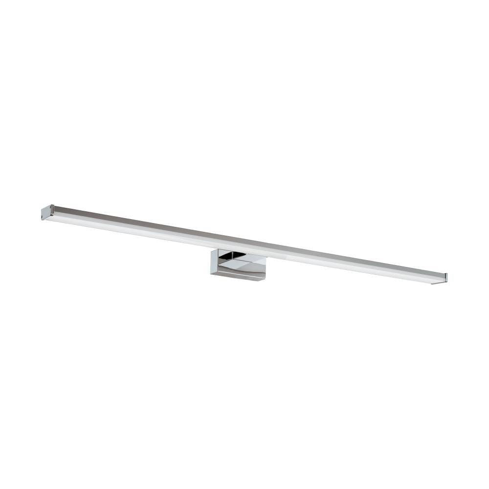 Luminaire linéaire chromé sur fond blanc, vue de face avec fixation centrale