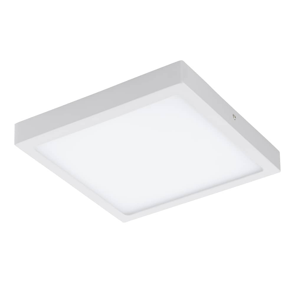 Vue de trois quarts du plafonnier blanc carré avec diffuseur lumineux.