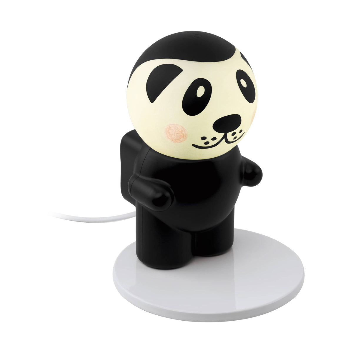 Lampe à poser panda vue de trois quarts, visage lumineux et câble blanc sur fond blanc