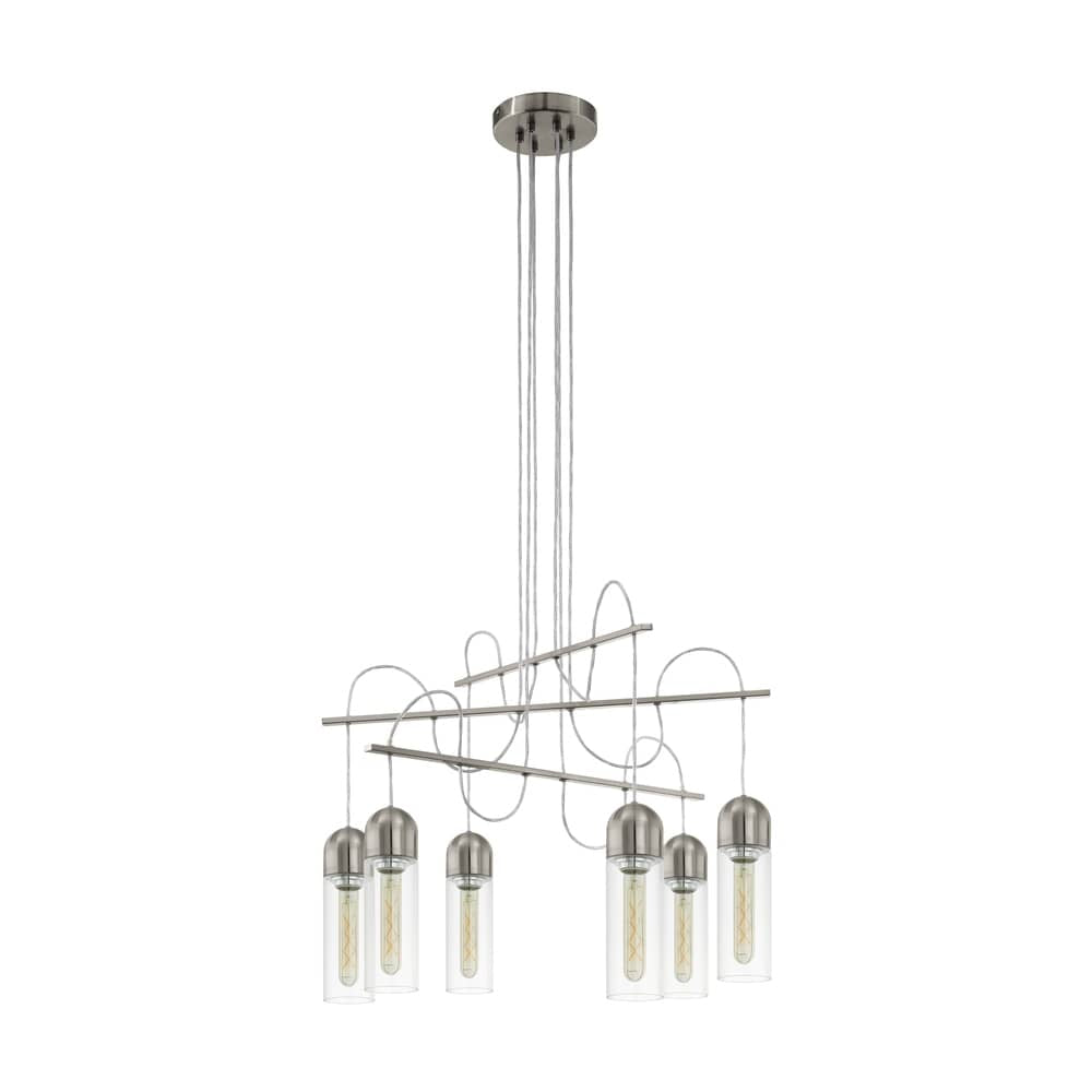 Suspension six lumières vue de face, structure nickel et cylindres de verre transparent