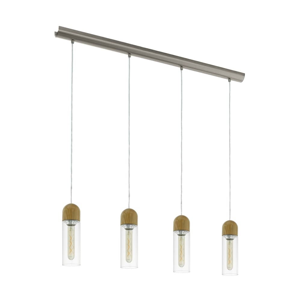 Suspension quatre lumières vue de trois quarts, verre cylindrique et chapeau bois clair