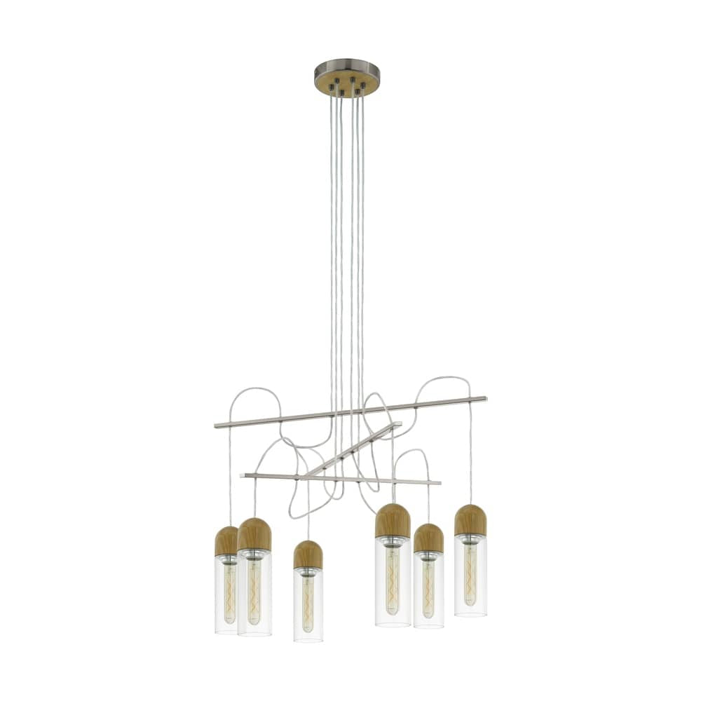 Suspension six lumières vue de face, structure nickel et verre transparent sur fond blanc