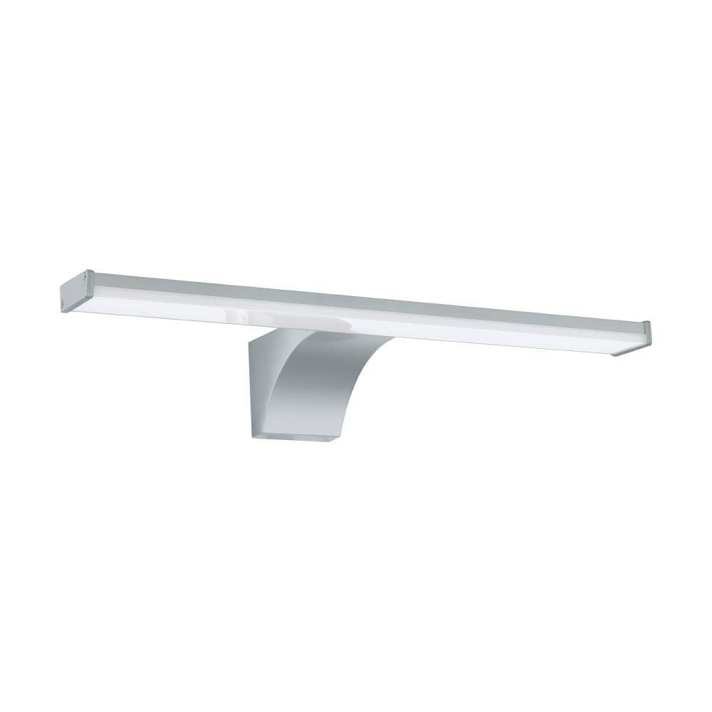 Vue de trois quarts du luminaire mural blanc et argenté, support incurvé et barre lumineuse