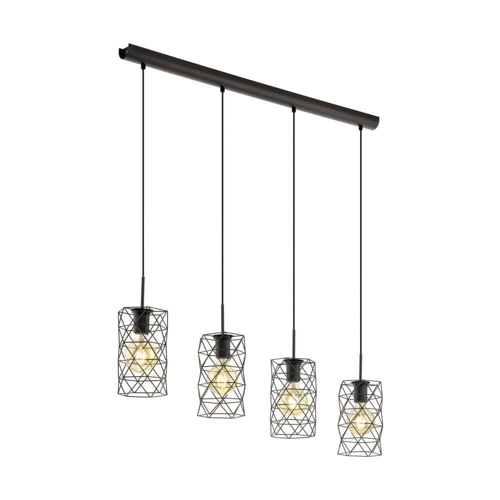 Suspension quatre cages noires sur barre, vue de trois quarts sur fond blanc