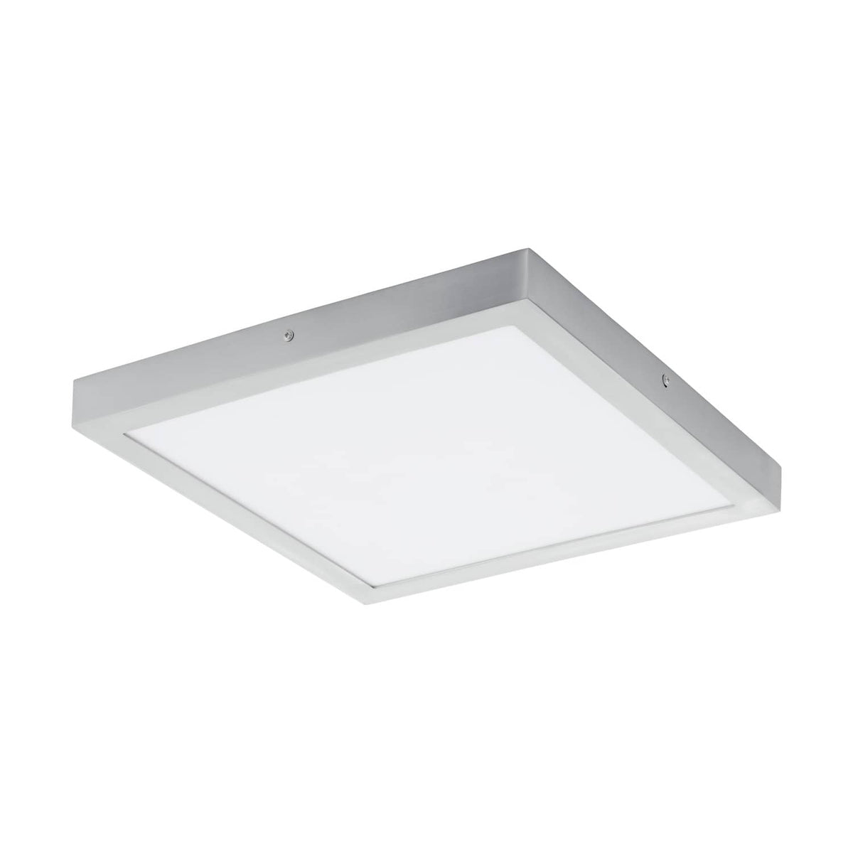 Plafonnier carré argenté vu de dessous, large diffuseur blanc dépoli uniforme