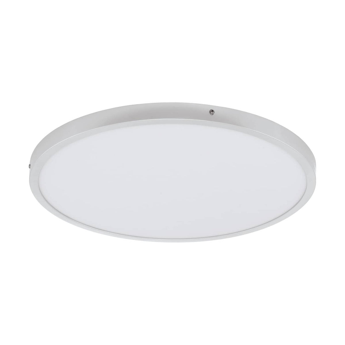 Plafonnier rond argenté vu de face, cerclage fin et diffuseur opale blanc
