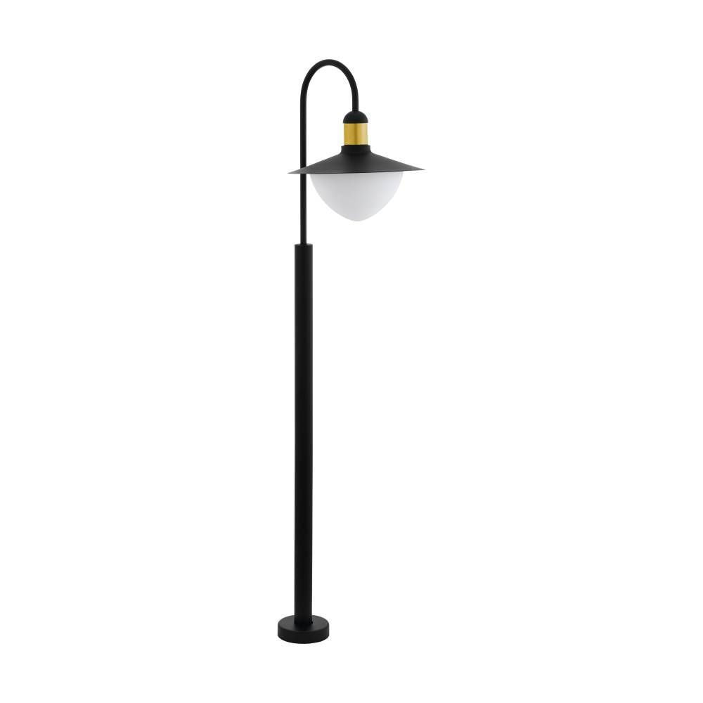 Lampadaire extérieur noir et doré sur fond blanc, vue de face avec abat-jour conique