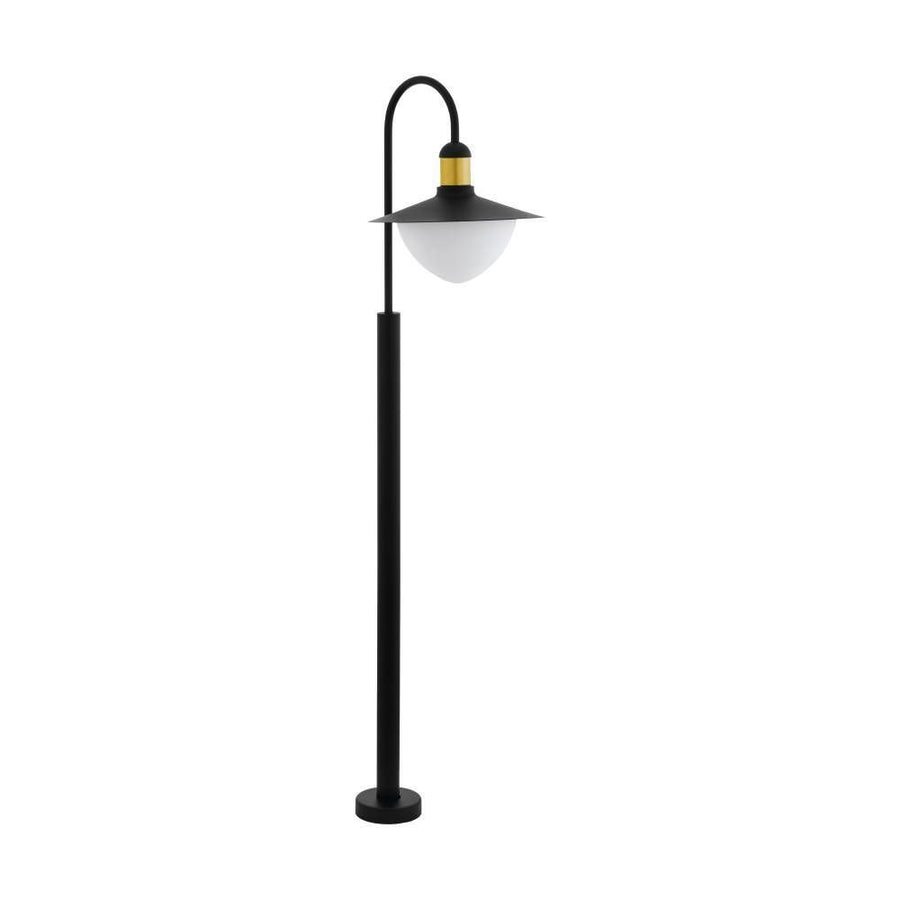 Lampadaire extérieur noir et doré sur fond blanc, vue de face avec abat-jour conique