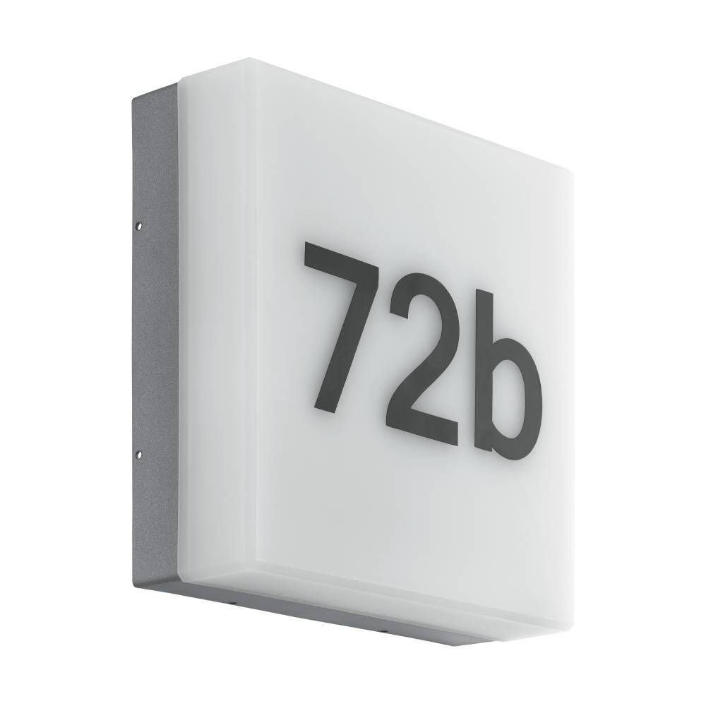 Vue de trois quarts du luminaire mural avec plaque anthracite et diffuseur blanc, chiffres 72b