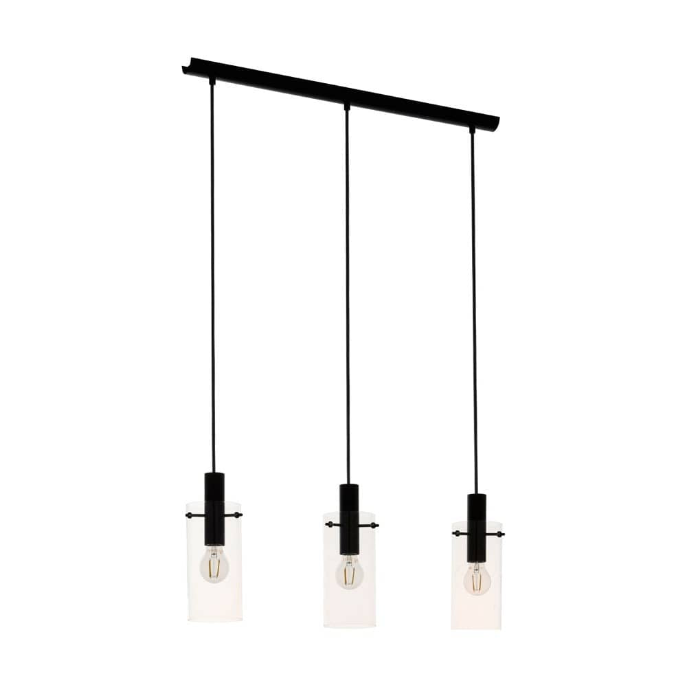 Vue de face du luminaire suspendu à trois abat-jour cylindriques en verre transparent.