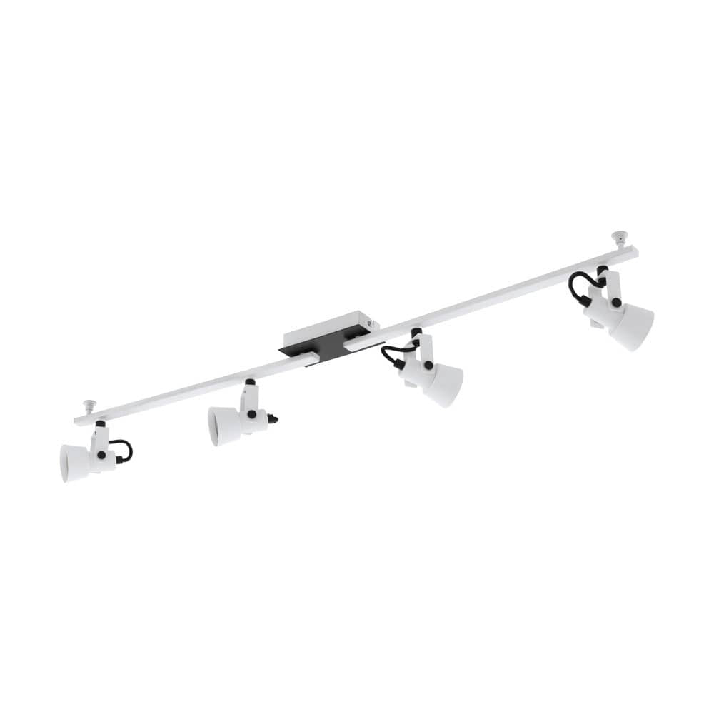Luminaire de plafond linéaire blanc à quatre spots orientables, vue de face sur fond blanc