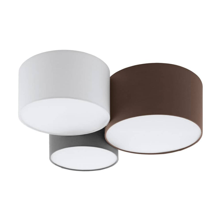 Plafonnier trois lumières cylindriques en tissu, coloris blanc, marron et anthracite, vue de dessous.
