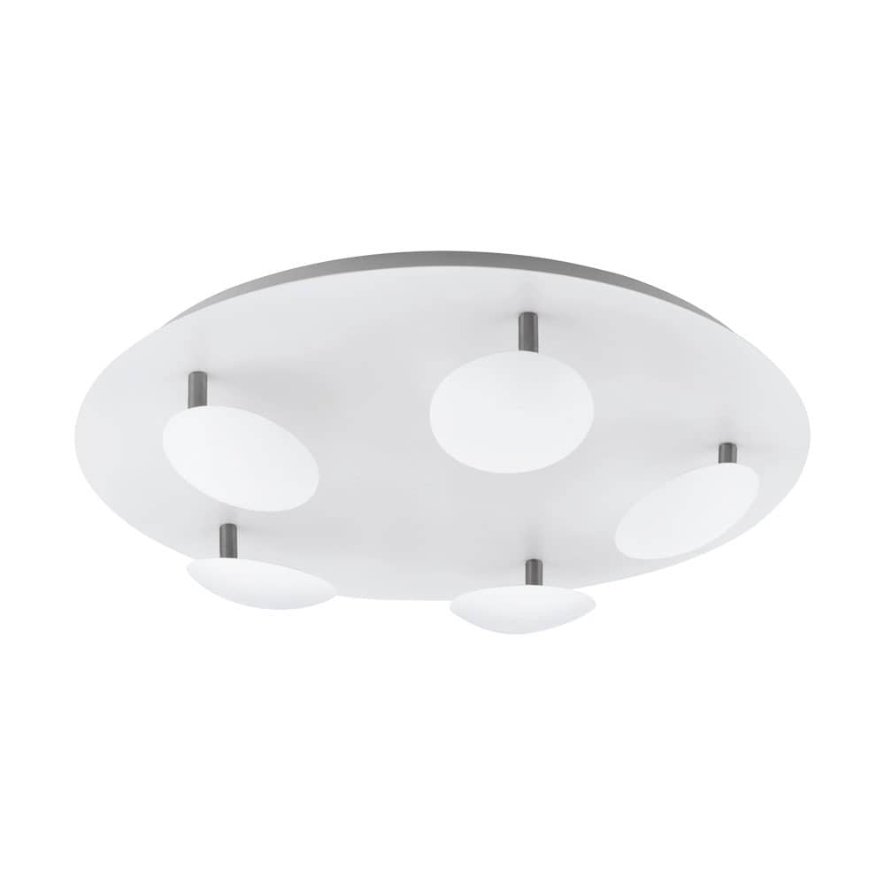 Vue de dessous du plafonnier rond avec cinq diffuseurs ovales en verre opalin et tiges nickel.