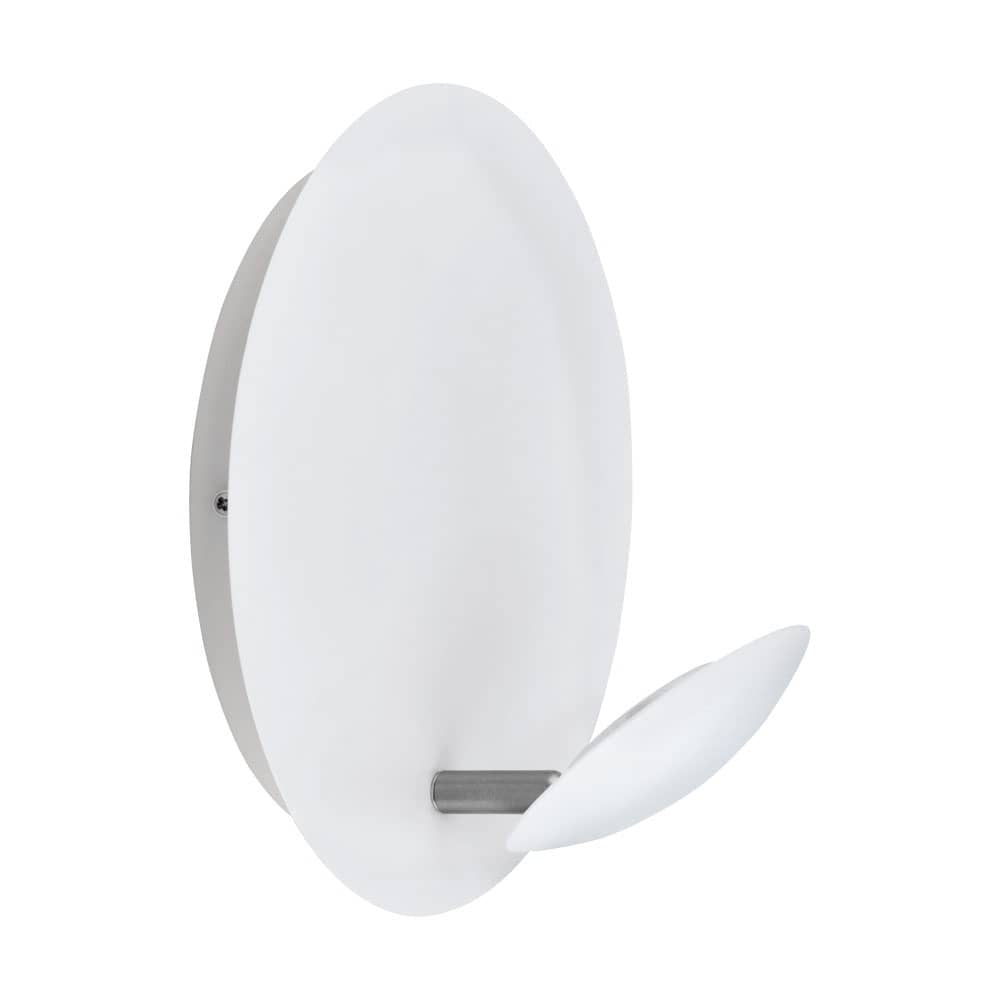 Vue de profil du luminaire rond à diffuseur opalin et base nickel satiné