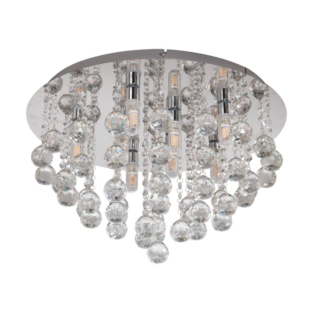 Plafonnier rond au socle chromé orné de billes de cristal transparentes suspendues