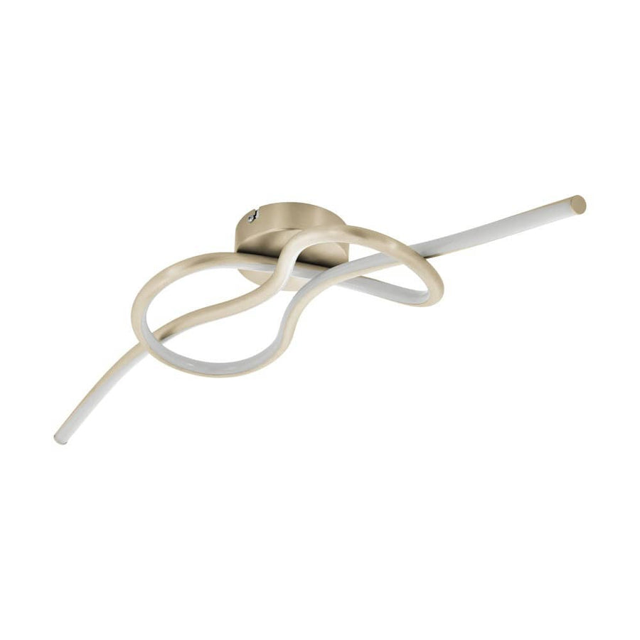 Plafonnier au ruban lumineux torsadé, finition satinée, vu de trois quarts sur fond blanc