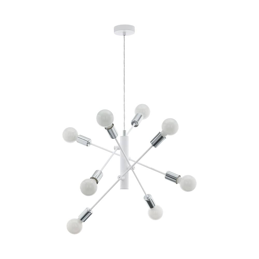 Suspension blanche et chrome à huit bras, vue de face sur fond blanc