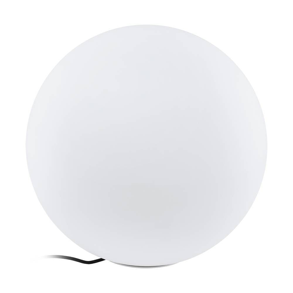Lampadaire extérieur sphérique blanc, câble d'alimentation visible à sa base.