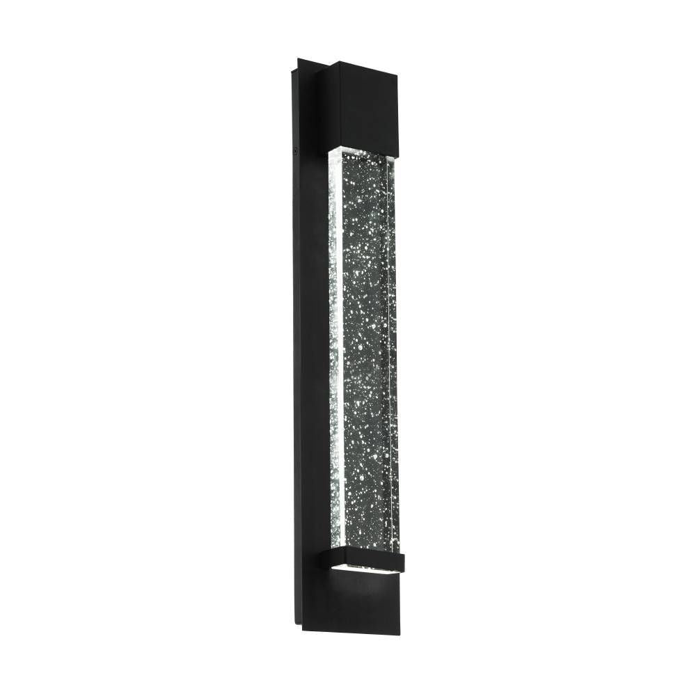 Vue de face du luminaire mural noir sur fond blanc, panneau rectangulaire en verre à bulles.
