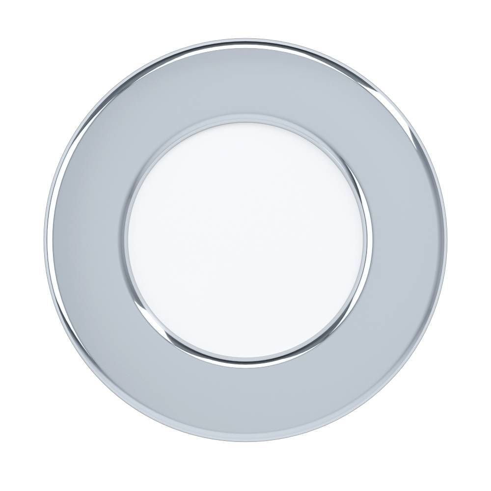 Vue de face du spot encastrable rond, cerclage chromé et diffuseur central blanc
