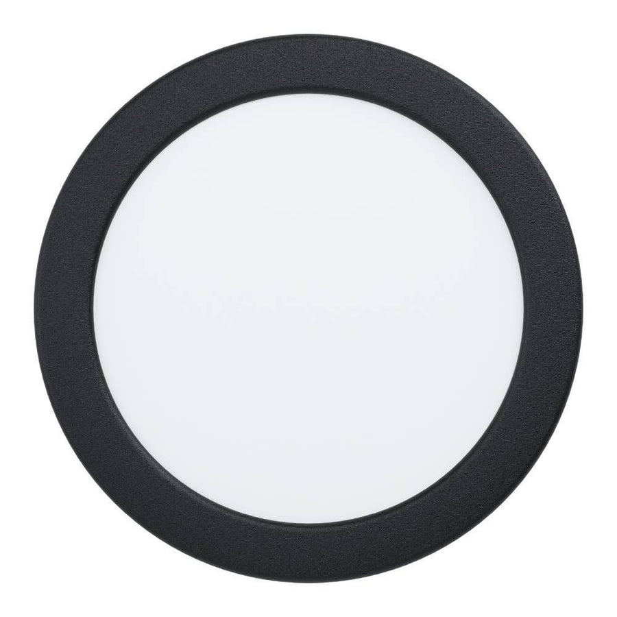 Vue de face du spot rond à bord noir mat et diffuseur blanc opalin