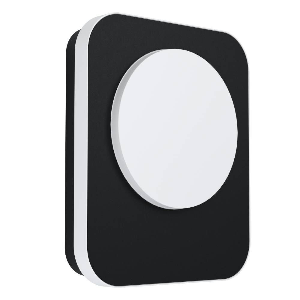 Vue de face sur fond blanc de l'applique rectangulaire noire avec diffuseur circulaire blanc