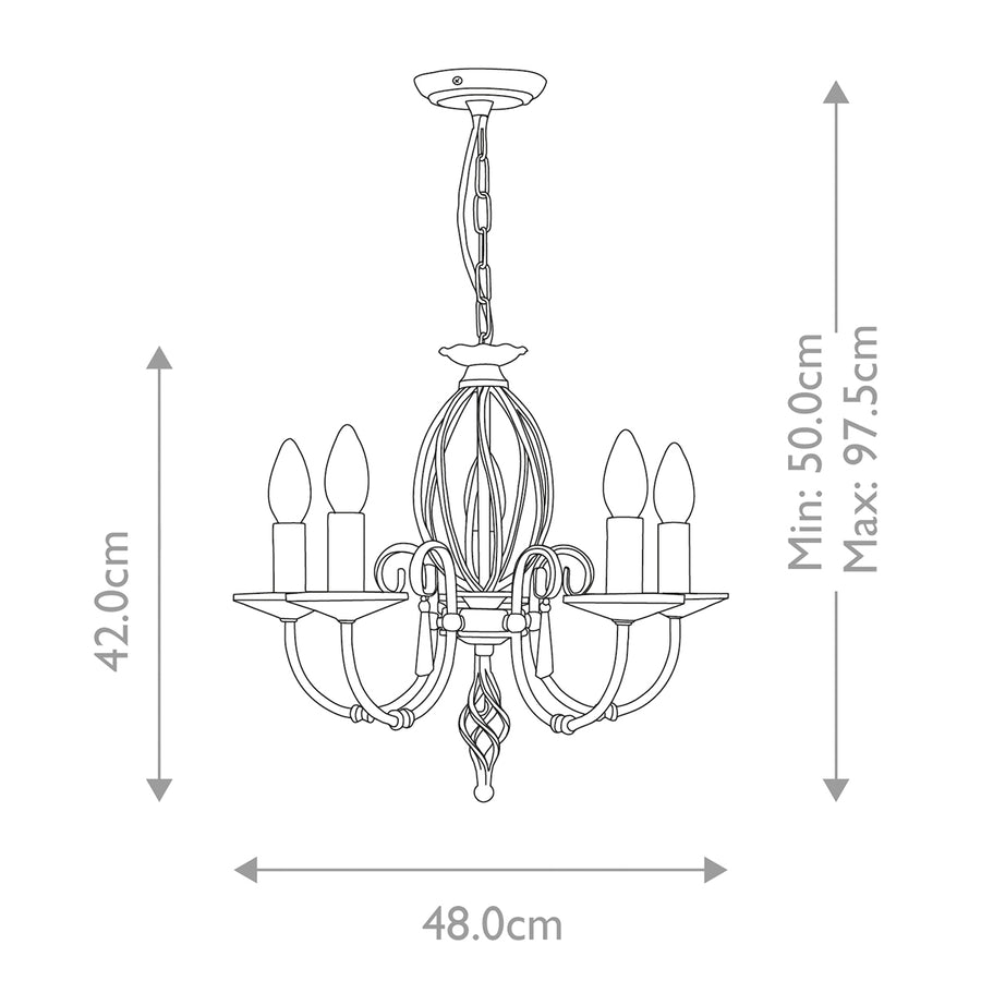 Schéma technique coté du lustre avec hauteur minimale et maximale.