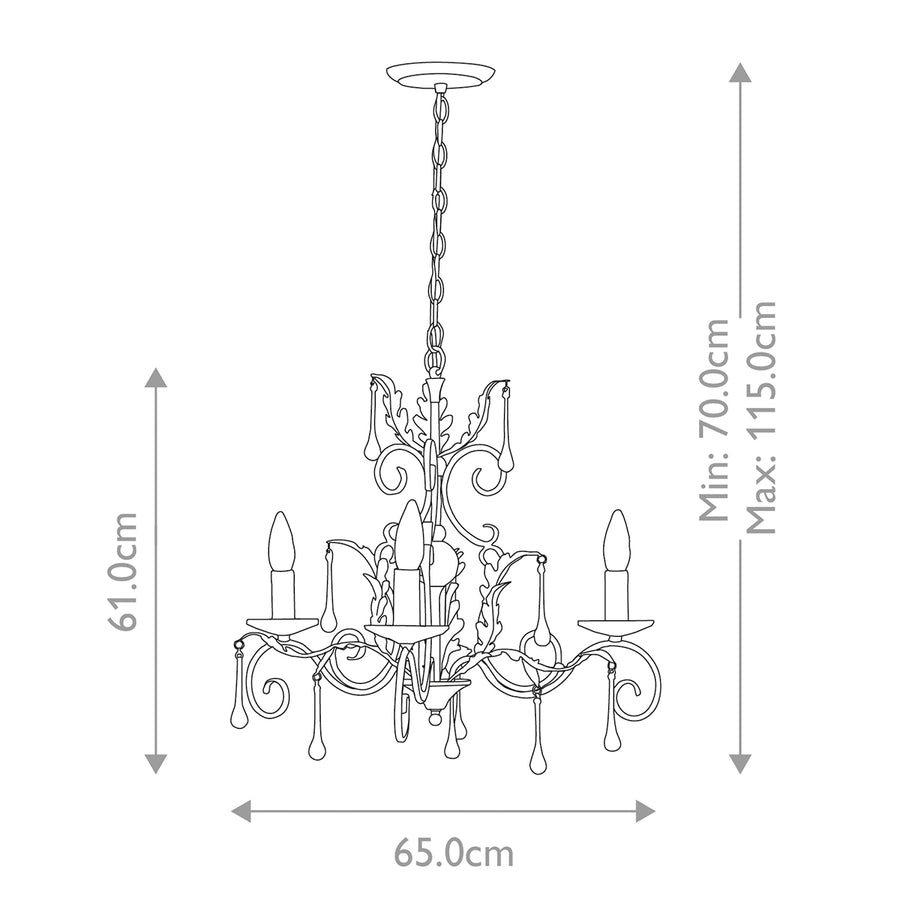 Schéma coté du luminaire, hauteur 61 cm, largeur 65 cm et suspension réglable
