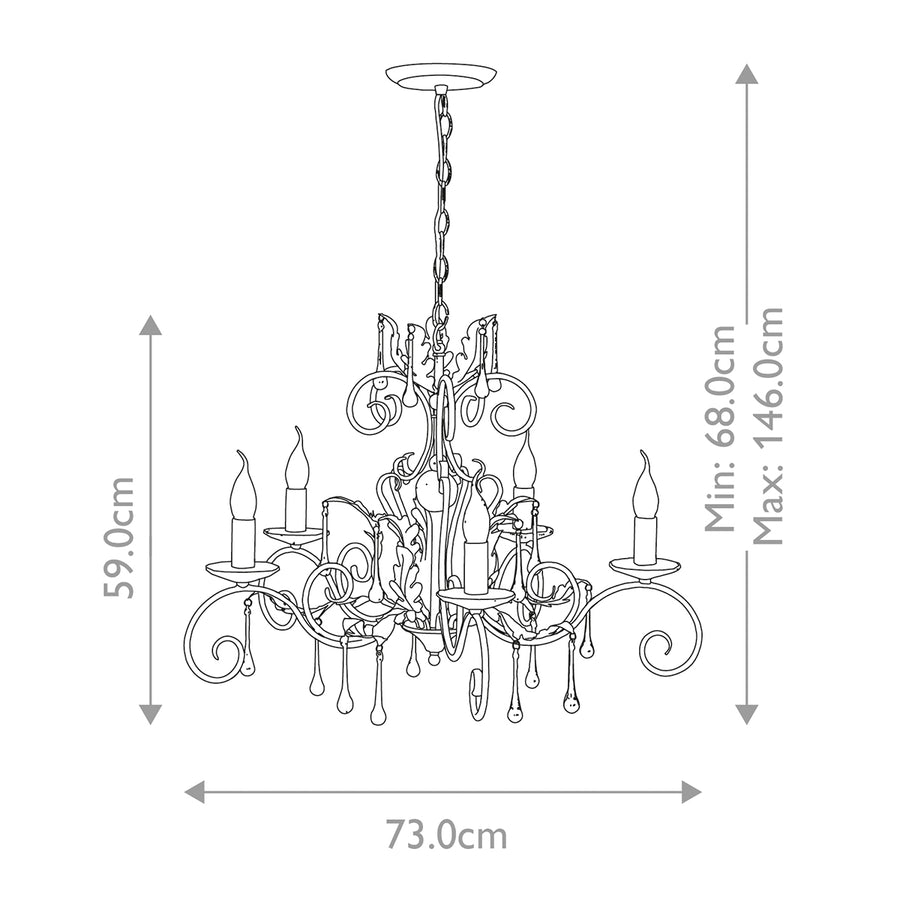 Schéma coté du lustre : hauteur 59 cm, largeur 73 cm, chaîne réglable