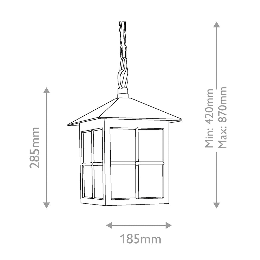 Schéma coté indiquant hauteur 285 mm, largeur 185 mm et réglage de 420 à 870 mm.