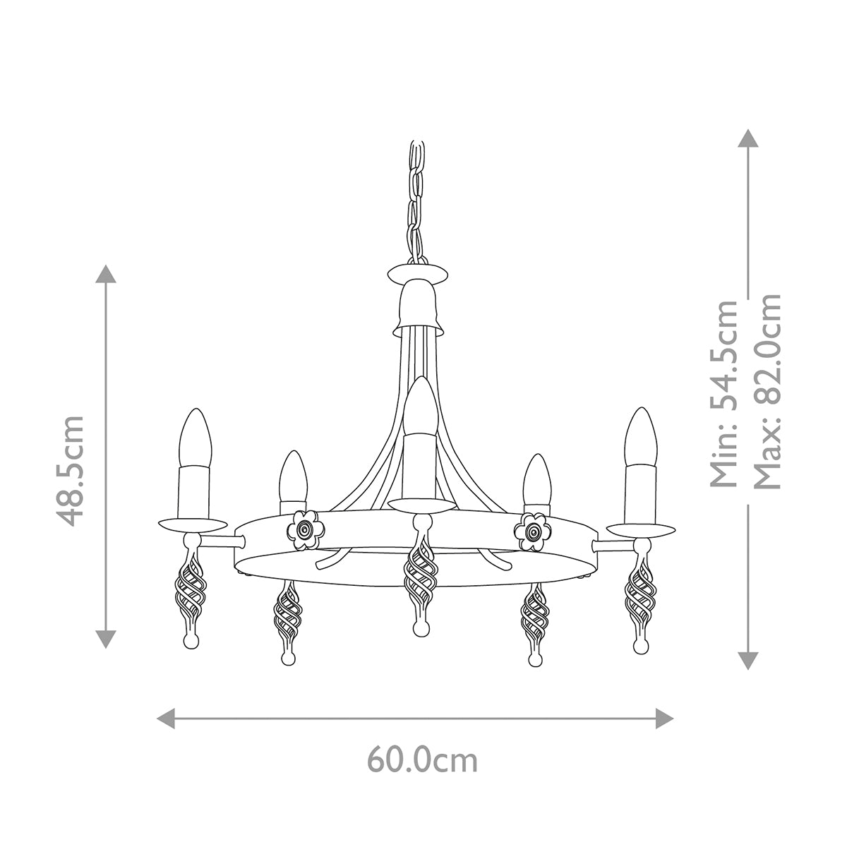 Schéma technique coté indiquant diamètre et hauteur réglable du luminaire